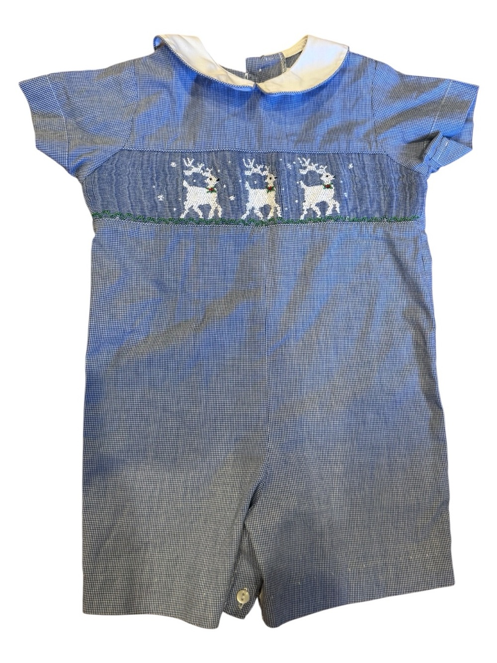 Vintage Betti Terrell by Johnston Reindeer Smocked Romper Christmas Blue Gingham